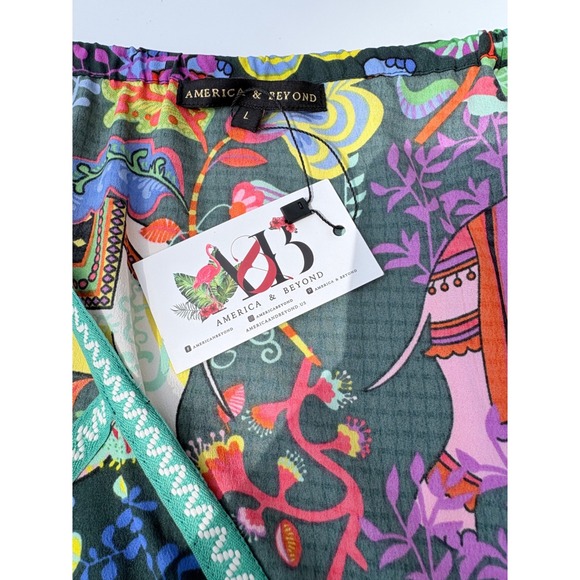 America & Beyond Elephant Floral Print Maxi Dress V-Neck Turquoise Trim Large Nw - Picture 4 of 4